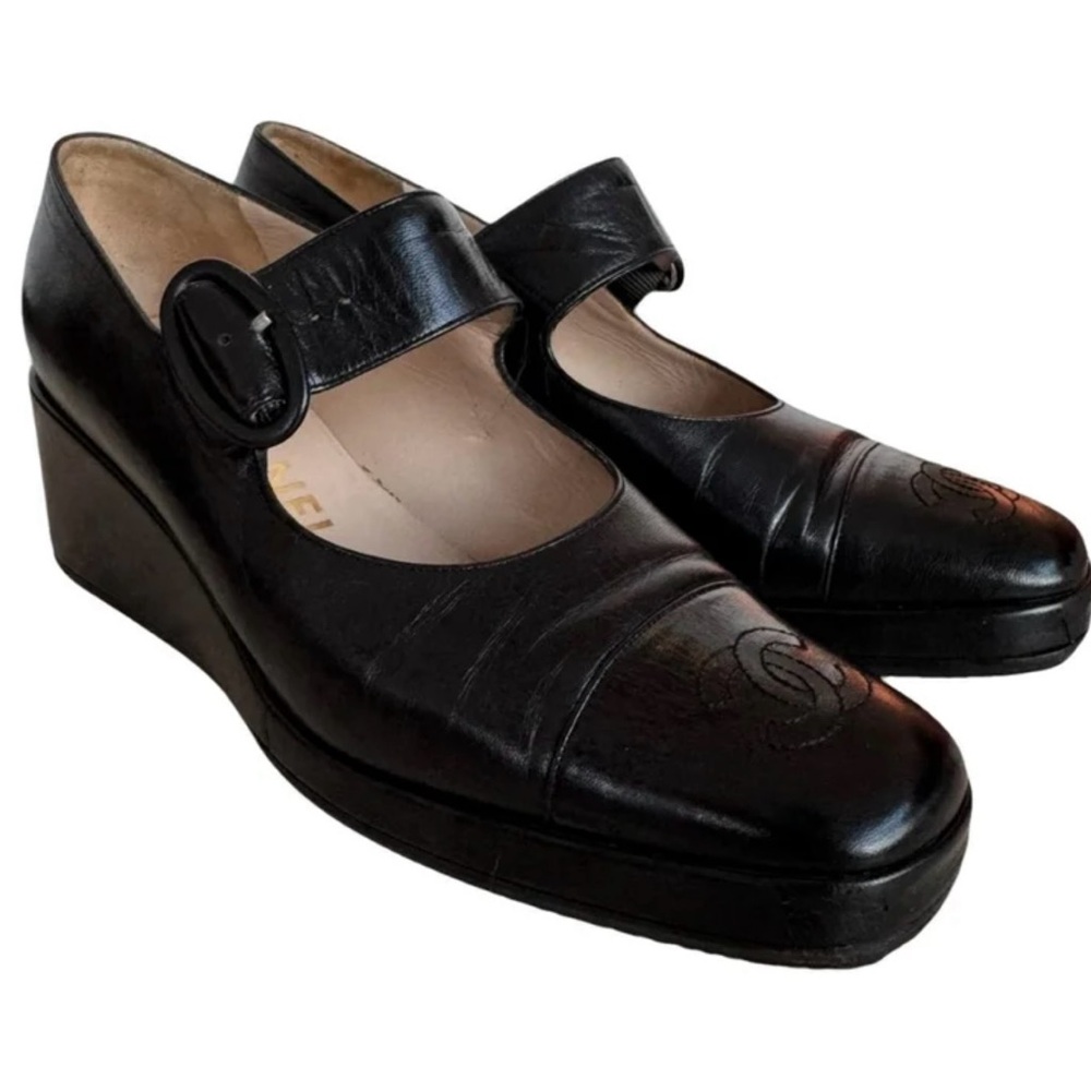 Chanel Women's Black Wedge Mary Jane Shoes